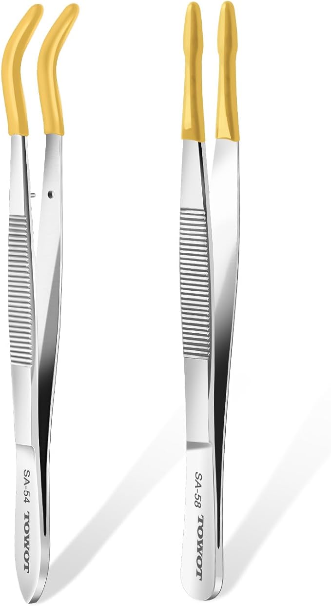 TOWOT 2 PCS Rubber Tipped Tweezers, PVC Rubber Coated, Bent & Straight Flat Tip Craft Tweezers for Stamp, Jewelry, Hobby, Crafts, Industrial, Electronic (Yellow)