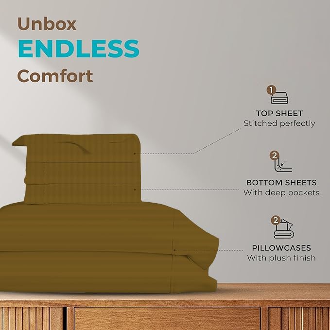 Silentnight Split Queen Sheets for Adjustable Beds 5-Piece Split Queen Sheet Set, 800 Thread Count 100% Egyptian Cotton,18" Deep Pocket Adjustable Bed Sheets, Taupe Stripe