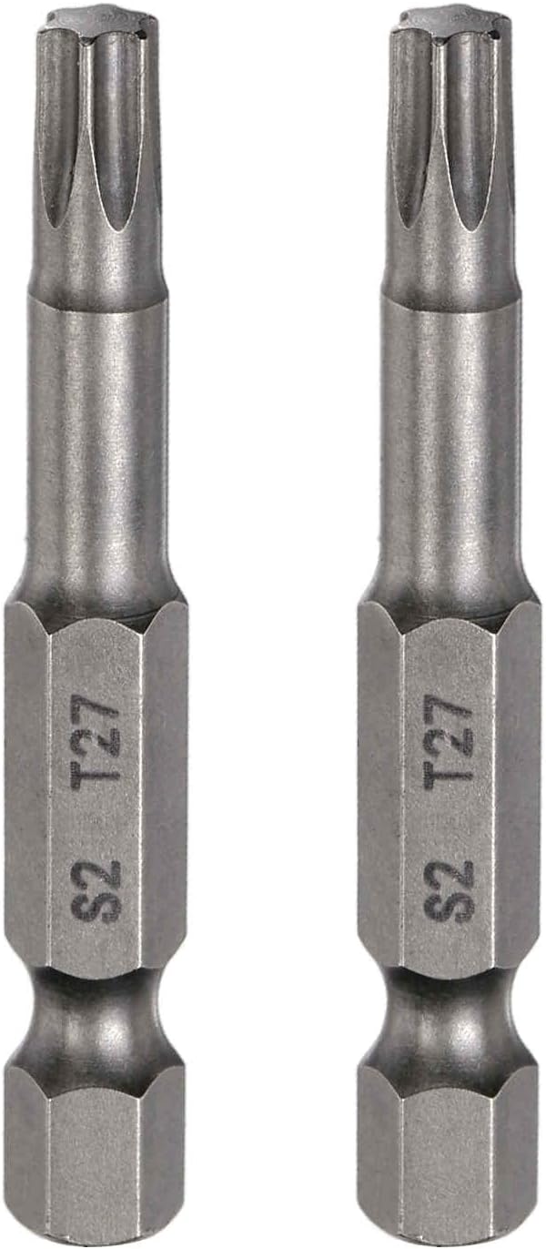 HARFINGTON 2pcs T27 Torx Head Screwdriver Bit 1/4" Hex Shank 2" (50mm) Long Magnetic No Hole Tip Tamper Proof 6 Point Star Screw Driver Drill Bits S2 Steel Industrial Power Screwdrivers