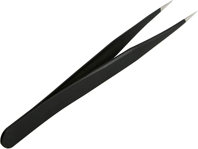 Aoje-Link ESD-10 Professional Anti-Static Precision Technology Tweezers, Non-magnetic Straight Pointed Tip, Stainless Steel Plastic Coated, Full Length 120mm, Black, 2pcs