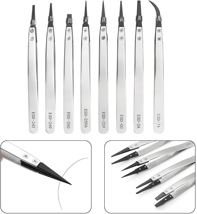 Precision Anti-Static ESD Tweezers for Electronics Repair, Industrial Metal Tweezers for Circuit Board, Mobile Phone, and Clock Maintenance, Silver Black Color(ESD-259)