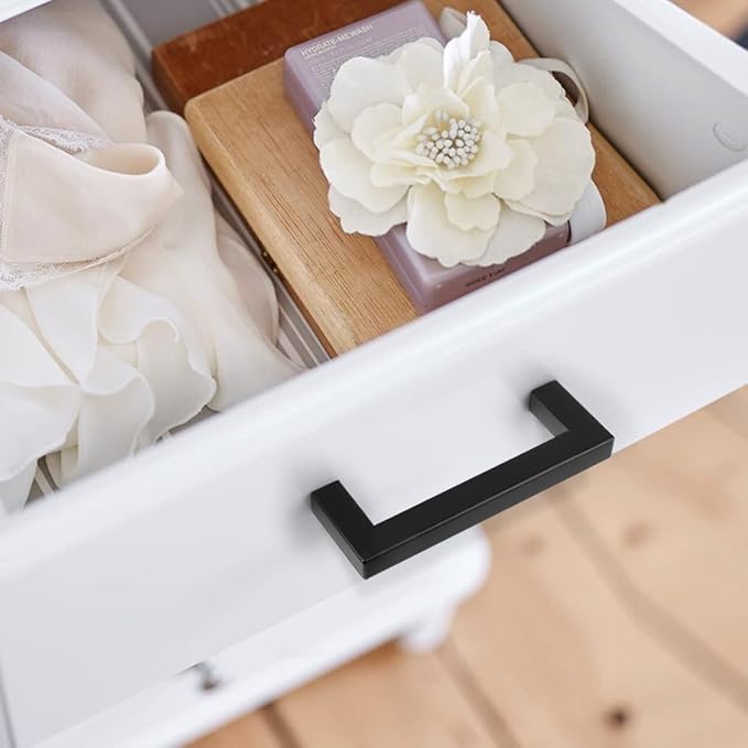 Probrico 5 Pack Matte Black Bar Cabinet Pulls 3 3/4" Hole Centers Stainless Steel Square Dresser Drawer Pulls Handles Bedroom Closet Kitchen Modern Furniture Hardware