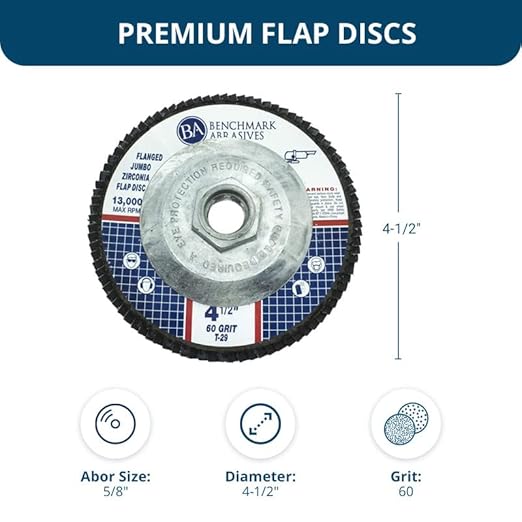 Benchmark Abrasives 4.5" x 5/8"-11 Premium High Density Jumbo Zirconia Type 29 Flap Discs 4 1/2 for Angle Grinder, Sanding Discs, Finishing - Grinding Wheels 4 1/2 Inch (10 Pack) - 60 Grit