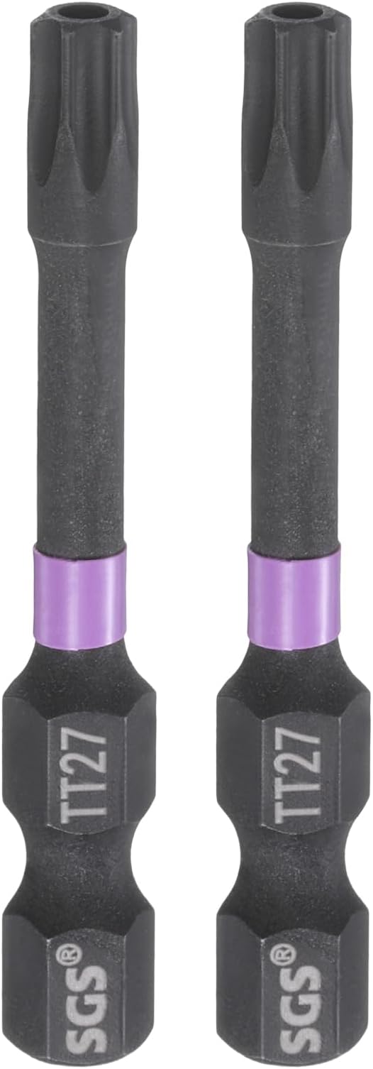 HARFINGTON 2pcs TT27 Torx Head Impact Screwdriver Bits 1/4" Hex Shank 2" (50mm) Long Magnetic Tamper Proof 6 Point Star Screw Driver Drill Bits Phosphate S2 Steel Power Tools with Hole
