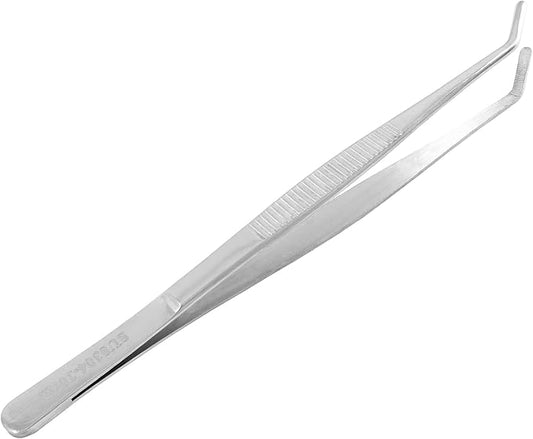 1Pcs 8 Inch Stainless Steel Tweezer, Long Tweezers with Precision Serrated Curved Tips, Non-slip Multitool Tweezer for Cooking, Repairing, Medical, Garden