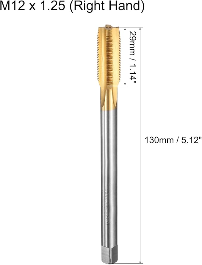 uxcell Metric Thread Tap M12 x 1.25 H2 130mm Straight Flute Screw Thread Milling Machine Taps Threading Tapping Repair Tool