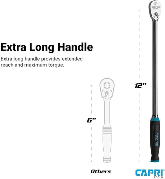 Capri Tools 1/4 in. Drive Fine 90-Tooth Extra Long Ratchet, Ergonomic Soft Grip, 12 in. Long