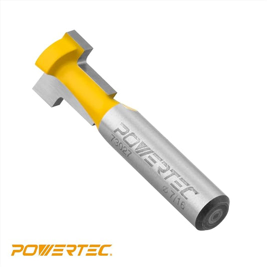 POWERTEC T Track Router Bit, Tungsten Carbide Tipped Router Bit, 1/4 Shank, 7/16" Dia., Slatwall, T Slot for Picture Frames, Plaque, Compatible with 1/4" Hex Bolts (73027)