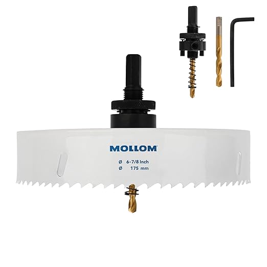 Mollom (175mm | 6-7/8") HSS M42 with 8% Cobalt BI-Metal Hole Saw with 2 Pilot Drill Bits & Arbor Smooth Cutting for PVC,Drywall,Wood,Plastic,Gypsum Board,Rubber
