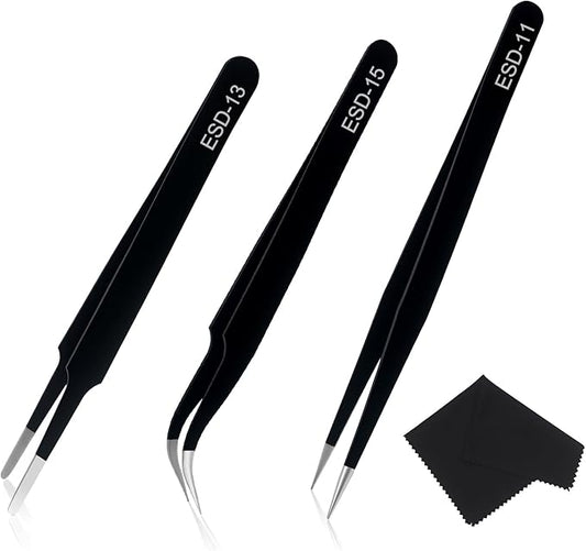 Precision Tweezers Set, 3 Pcs Upgraded Stainless Steel Anti-Static ESD Tweezers with Cleaning Cloth, for Craft, Electronic, Soldering, Model, Hobby, Jewelry Making, Laboratory Work, DIY