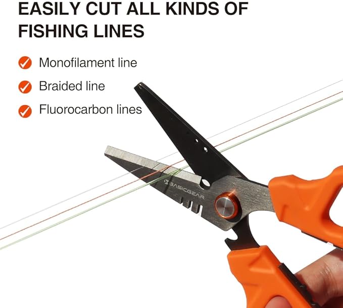 BasicGear Fishing Multi-Tool Scissors ??Titanium-Coated, Stainless Steel, Multi-Tool Cutter with Hook Adjuster, Screwdriver, Bottle Opener, Sheath & Non-Slip Grip for Saltwater or Freshwater Use