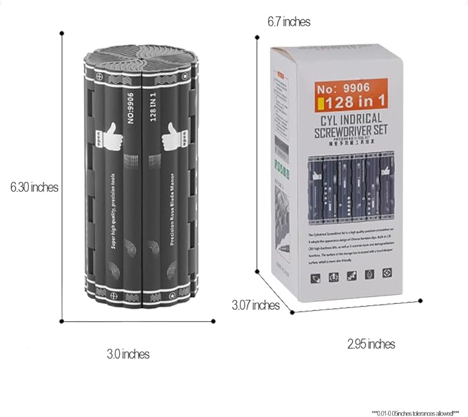 Precision Screwdriver Set Cylinder Organizing Case 128pcs in 1 Case S2 Alloy Steel HRC 56 Hardness Bits Space-saving Roll-up Case Professional Toolset Magnetizing Bit Heads for most sizes (9906)