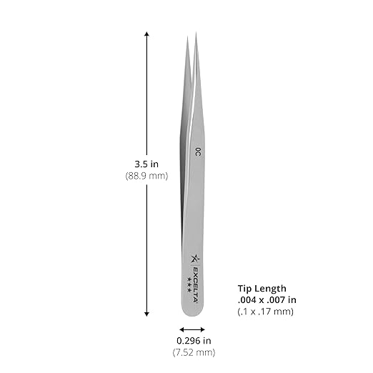 Excelta Straight Fine Point Tweezers, Carbon Steel, Flame Hardened Tips For General Assembly, 3.5" Length, Professional