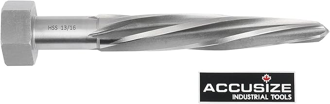 Accusize Industrial Tools H.S.S. Aligning Reamer - 13/16'' Diameter, 5'' Flute Length, 7'' OAL, Hex Shank, Spiral Flute, 0523-6035