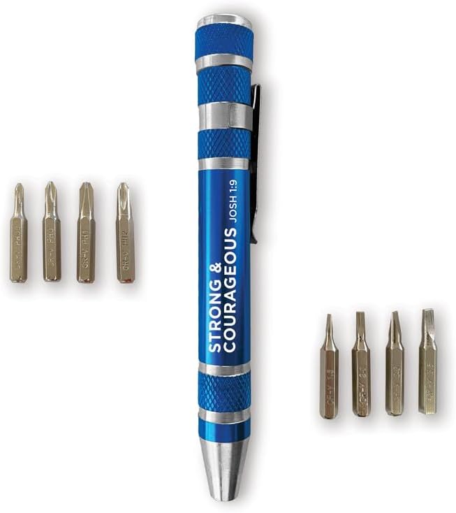 8-in-1 Pen Style Screwdriver ??Strong and Courageous, Josh 1:9 -Hidden 4.5" x 0.5" Pen Multitool with Screwdriver Bits, Storage Space & More - Christian Pocket Tools For Men