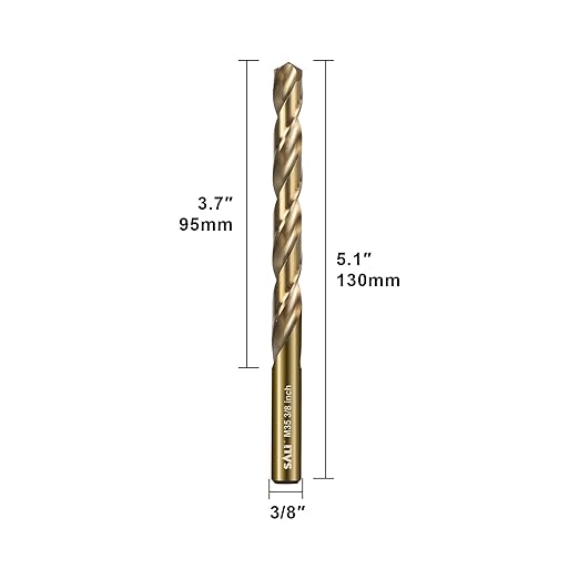SALI Cobalt Drill Bit Set, 5Pcs 3/8" M35 High Speed Steel Jobber Length Drill Bit Kit for Hardened Metal, Stainless Steel, Cast Iron, Wood and Plastic, with Index Storage Case
