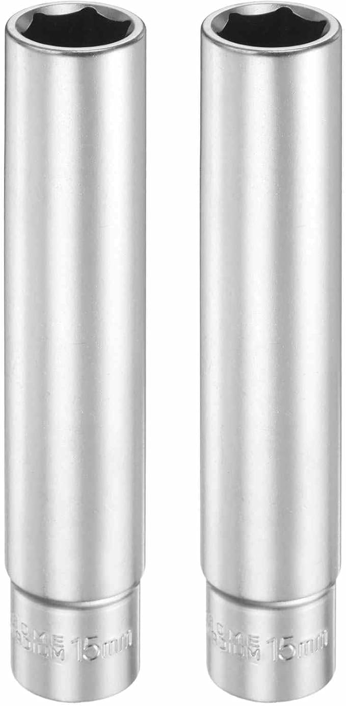 HARFINGTON 2pcs 6 Points Deep Socket 3/8" Drive 15mm Deep Metric CR-V Steel Polished Nickel Plating Flip Sleeve 120mm / 4.7" Extra Long Socket Tool for Home Auto Nuts Bolts Repair
