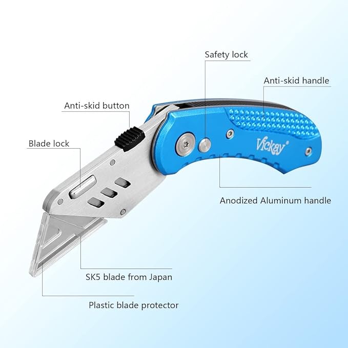 Vickay Folding Utility Knife Heavy Duty Box Cutter with 5 SK5 Quick Change Blades, Safety Axis Lock Design Razor Knife, Lightweight Aluminum Body Belt Clip for Office
