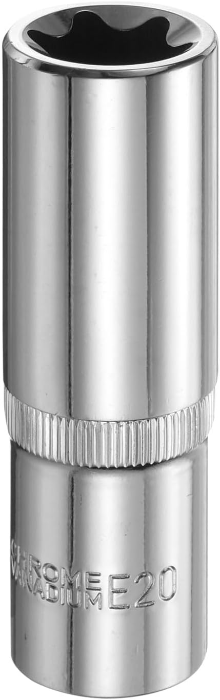 HARFINGTON E-Torx Socket 1/2" Drive E20 Star Female Socket 3.1" Length External Torx Deep Sleeve Chrome Plating 6 Point Spline Sleeve for Auto Repairs Home Maintenance