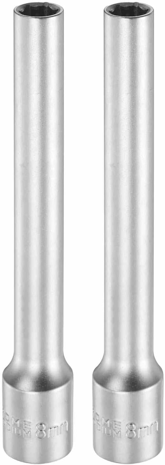 HARFINGTON 2pcs 6 Points Deep Socket 3/8" Drive 8mm Deep Metric CR-V Steel Polished Nickel Plating Flip Sleeve 120mm / 4.7" Extra Long Socket Tool for Home Auto Nuts Bolts Repair