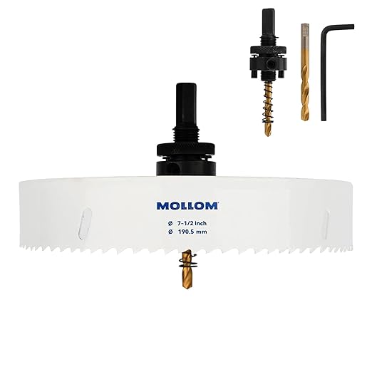 Mollom (190.5mm | 7-1/2") HSS M42 with 8% Cobalt BI-Metal Hole Saw with 2 Pilot Drill Bits & Arbor Smooth Cutting for PVC,Drywall,Wood,Plastic,Gypsum Board,Rubber