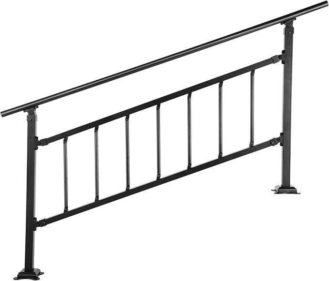 VEVOR Outdoor Stair Railing, Fits for 1-5 Steps Transitional Wrought Iron Handrail, Adjustable Exterior Stair Railing with Fence, Handrails for Concrete Steps with Installation Kit, Matte Black