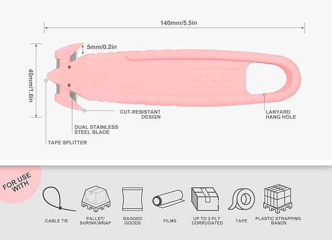 100 Pcs Safety Box Cutter T TOVIA Knife of Double-sided Recessed Concealed Blade for Household, Warehouse, Workshop - Pink
