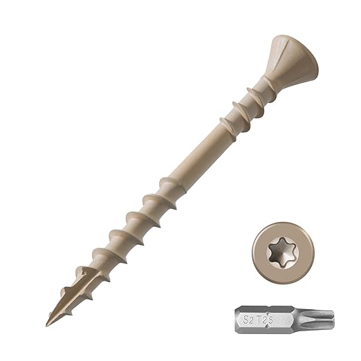 #8 Deck Screws 2 Inch Exterior Wood Screws Flat Head Torx Drive Rust Resistant Epoxy Coated Reverse Upper Thread Trim Screw (1lb, 120pcs), Tan