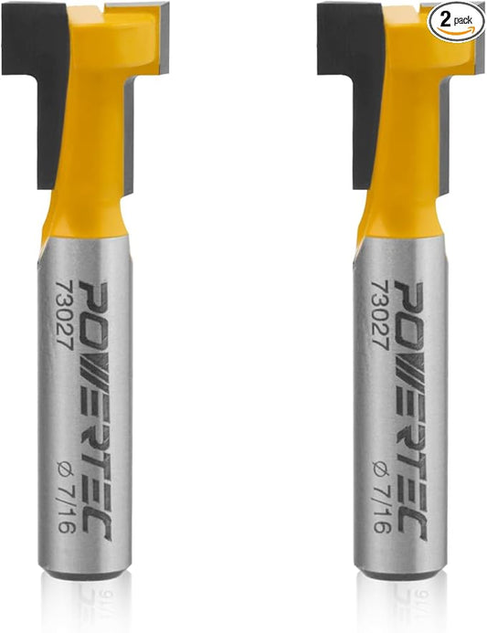 POWERTEC T Track Router Bit, Tungsten Carbide Tipped Router Bit, 1/2" Shank, 5/8" Dia., Slatwall, T Slot for Picture Frames, Compatible with 1/4" & 5/16" T Track Bolts, 2PK (73025-P2)