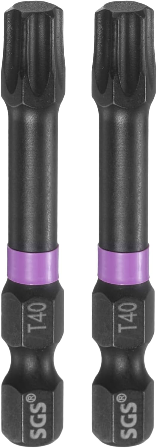 HARFINGTON 2pcs T40 Torx Head Impact Screwdriver Bits 1/4" Hex Shank 2" (50mm) Long Magnetic No Hole Tamper Proof 6 Point Star Screw Driver Drill Bits Phosphate S2 Steel Power Tools