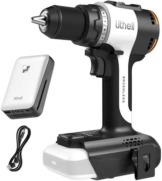 Litheli 20V Brushless Cordless Drill Driver, 530 In-lbs High Torque, 1/2 Inch Keyless Chuck, 2000 RPM, 2.0Ah Battery (Power Bank Function), Type-C Charging, Lightweight Electric Drill for DIY