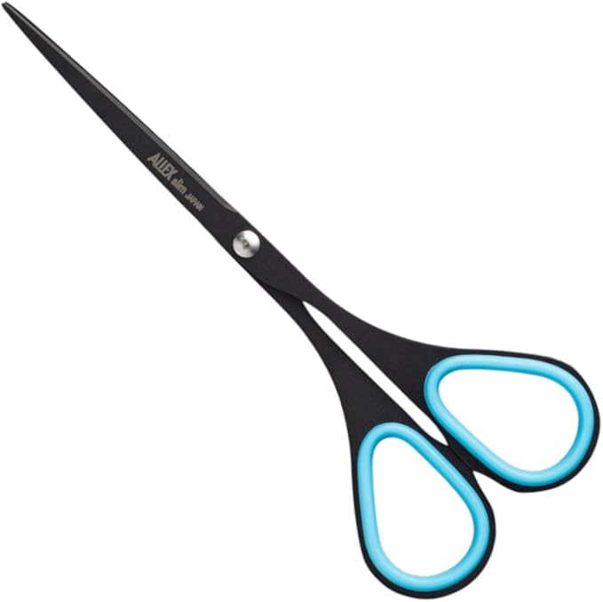 ALLEX Small Black Scissors for Office 5.5" [Non-Stick], All Purpose Slim & Thin Low Profile Scissors, Made in JAPAN, All Metal Japanese Stainless Steel Blade with Non-Slip Soft Ring, Black Blue