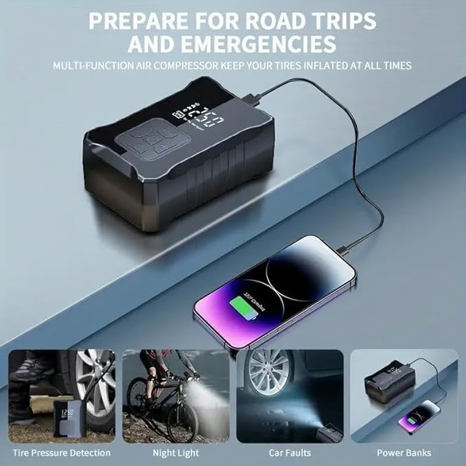 Cordless Tire Inflator, 150 PSI Portable Air Compressor with 4000mAh Battery, Auto Shut-Off Digital Pressure Gauge & LED Light for Car, Motorcycle, Bicycle & Balls
