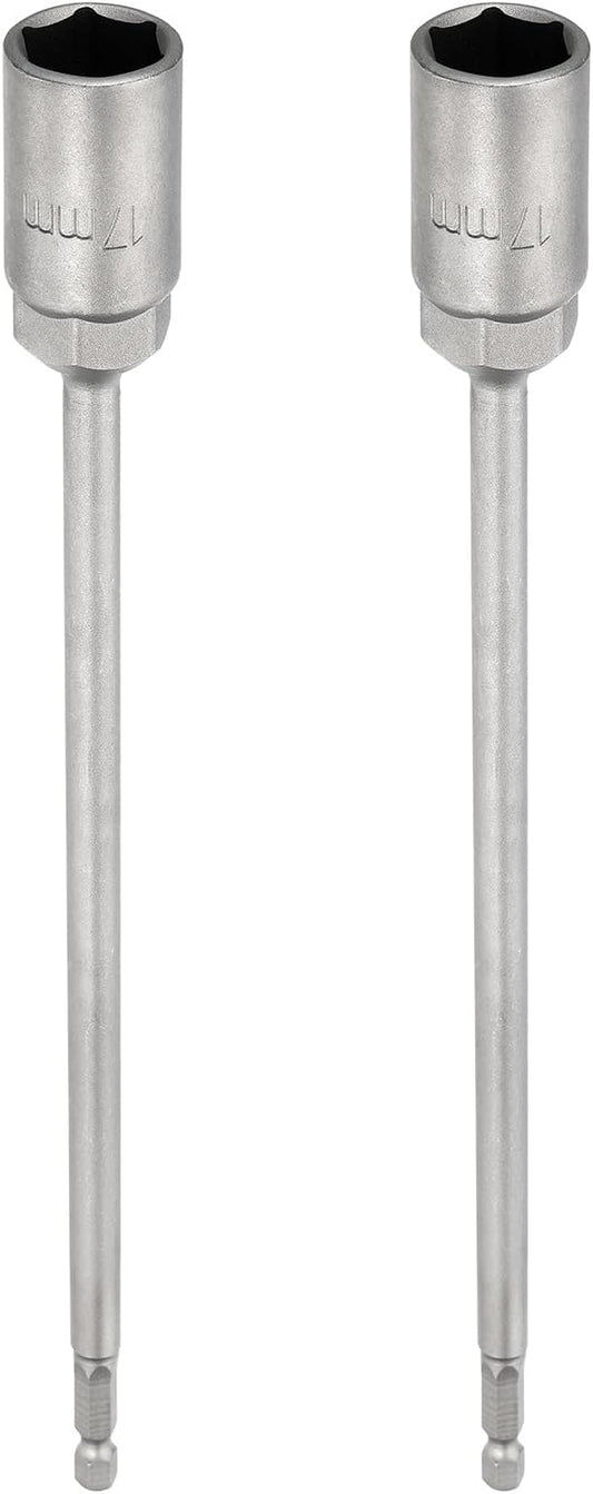 HARFINGTON 2pcs Nut Driver Drill Bit 17mm Metric Socket 1/4" Hex Shank 10" (250mm) Extra Long Magnetic 6-Point Sockets Quick Change 40Cr Steel Bolt Setters for Power Drill Drivers