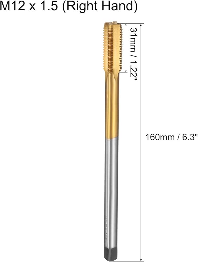 uxcell Metric Thread Tap M12 x 1.5 H2 160mm Straight Flute Screw Thread Milling Machine Taps Threading Tapping Repair Tool