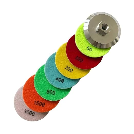 4" Wet Stone Polishing Pads Set (50, 100, 200, 400, 800, 1500, 3000 Grit, Metal Backer) - White Resin for Granite, Marble, Quartz, Engineered Stone