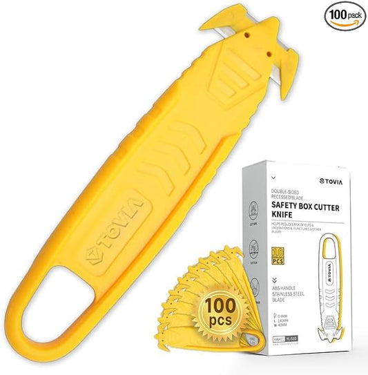 Box Cutter Safety Knife T TOVIA 100 Pcs Utility Cutter and Package Opener with Recessed Concealed Stainless Steel Blade for Household, Workshop, Warehouse