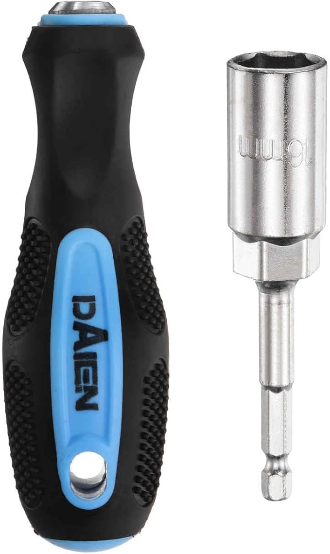 HARFINGTON Metric Nut Driver 16mm CR-V Non-Magnetic Detachable Tip Hollow Shafts Hex Socket Screwdriver with Anti-Slip Handle for Automobile Repair Bit Driver, Blue/Black