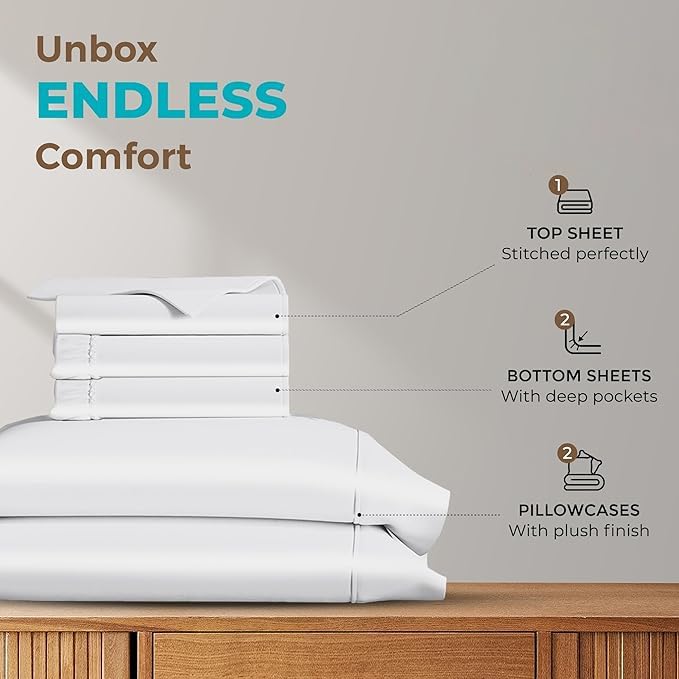 Silentnight Split California King Sheets for Adjustable Beds 5-Piece Split California King Sheet Set, 800 Thread Count 100% Egyptian Cotton,21" Deep Pocket Adjustable Bed Sheets, White Solid