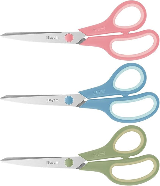 iBayam 8" All Purpose Scissors Bulk 3-Pack for Scrapbook, Vision Board, Office, Teacher Supplies, Heavy Duty Scissors with Ultra Sharp 2.5mm Thick Blade & Comfort Grip Handles, Right/Left Handed