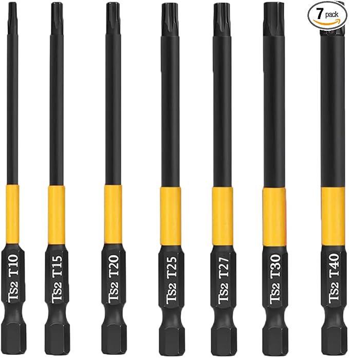 7pcs Impact Security Torx Bit Set, T10 to T40 Tamper Proof Star Bits 3.94 Inch Long, S2 Alloy Steel Magnetic Screwdriver Bits with 1/4" Hex Shank for High Torque Drill Driver, Automotive, Electronics