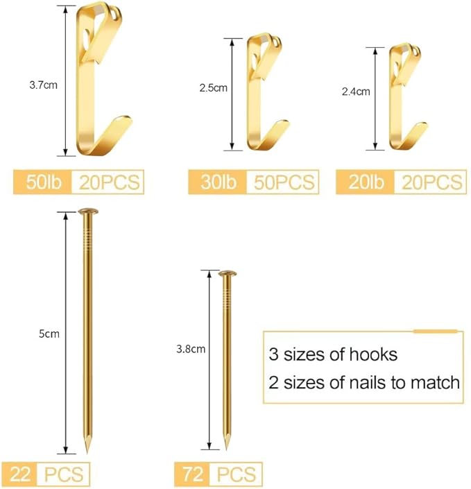 184 Pieces Picture Hanging Kit, 20lb, 30lb, and 50lb Picture Hangers, Metal Picture Hanging Hooks with Nails, on Drywall, Wooden Wall(Gold)