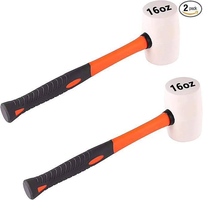 ZOENHOU 2 PCS 16 Oz White Rubber Mallet Hammer, Solid Mallet Head with Absorbing Fiberglass Handle, Rubber Hammer for Flooring, Woodworking, All Projects