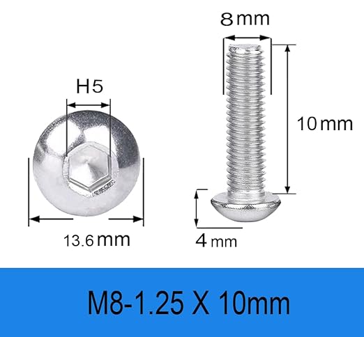 Metuja M8-1.25x30mm Button Head Socket Cap Bolts Screws竊?5pcs竊? Stainless Steel, Full Thread, Silver, Allen Hex Drive