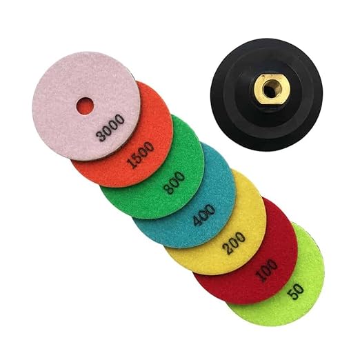 4" Wet Stone Polishing Pads Set (50, 100, 200, 400, 800, 1500, 3000 Grit, Rubber Backer) - for Granite, Marble, Quartz, Concrete Countertops