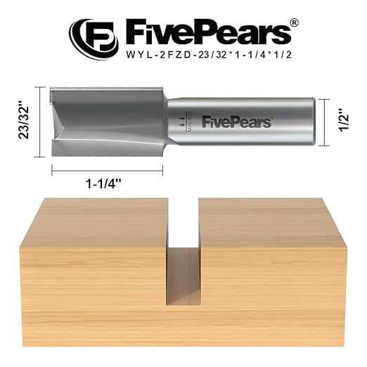 FivePears Straight Router Bits 1/2 Inch Shank Double Flute, 23/32 Inch Cutting Diameter, 1-1/4 Inch Cutting Length, Used for Create Groove, Dado or Hollow