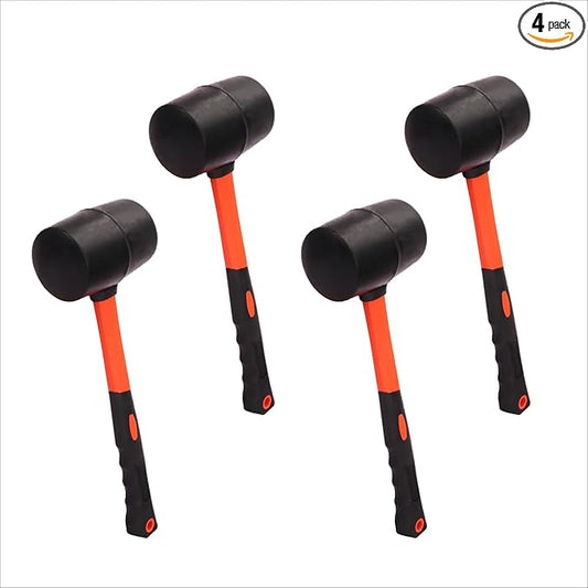 4 PCS 12 OZ Rubber Mallet, Rubber Hammer Head, Rubber Mallet Set With Black-Yellow Fiberglass Handle Perfect For Wood, Metal, Plastic, Glass, And Ceramics. By GENHAKON, Orange