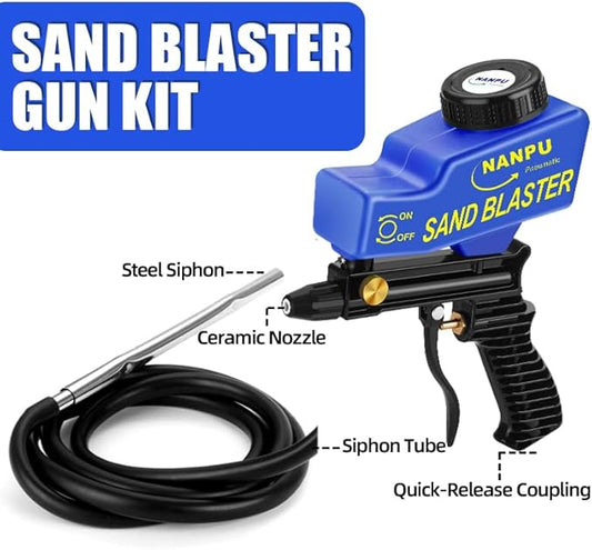 NANPU Light-Duty Air Sandblaster Gun Kit with Siphon & Gravity Feed, Ceramic Nozzle, Metal Body, for Small Project Surface Prep, Paint & Rust Removal, Metal/Wood/Glass Etching, Requires Air Compressor
