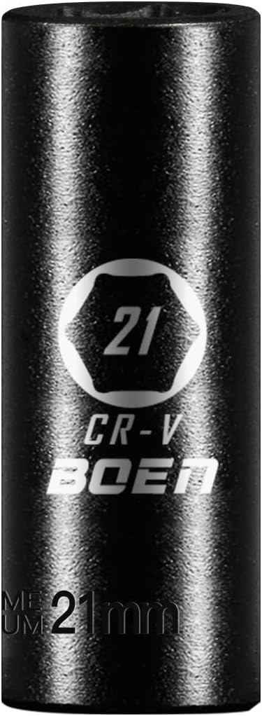 BOEN 1/2" Drive Deep Impact Sockets, Premium Impact Socket, 21mm Socket, Metric, 6 Point, Cr-V Steel with Laser Marking - Strong and Durable