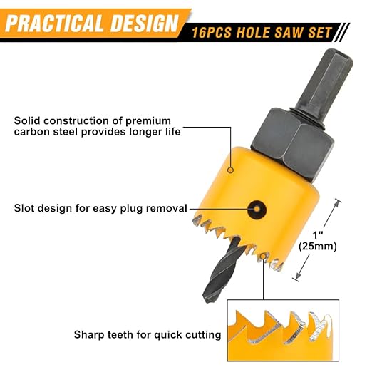 Hoteche 16Pcs Hole Saw Set with 12 Hole Saws (3/4" to 5") - Complete Kit for Woodworking, Metalworking, Plumbing, and More